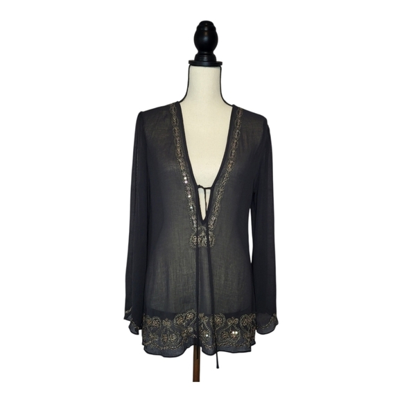 Victoria's Secret Tops - Victoria's Secret Top Black Sheer Deep V Neck Embroidered Sequined Split Sleeve